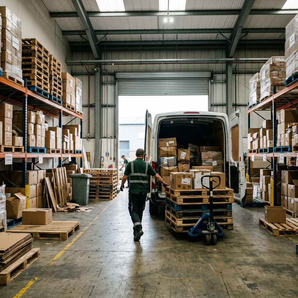 Chums crew loading pallets into the van at a Kingston warehouse clearance.