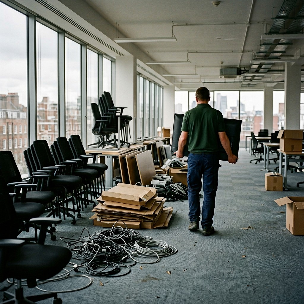 Office clearance in progress: stacked chairs, coiled cables and a Chums operative carrying a monitor.