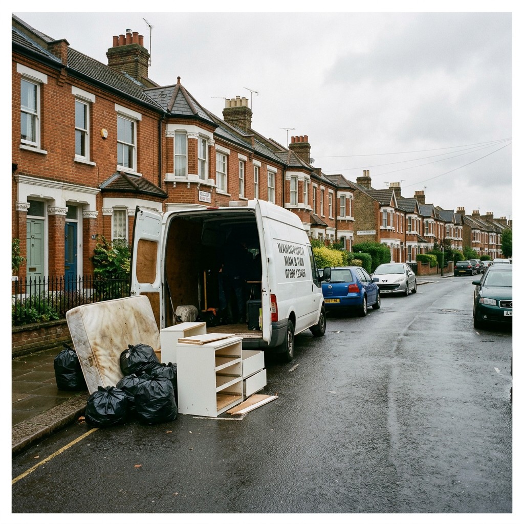 Chums transit van on an SW18 terraced street, kerbside pile of bags and broken flatpack ready to load.